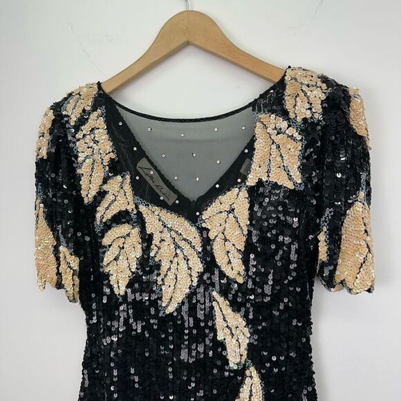 Lillie Rubin Women’s Black Cream All Over Sequin Leaf Illusion Neck Mini Dress - Picture 6 of 16